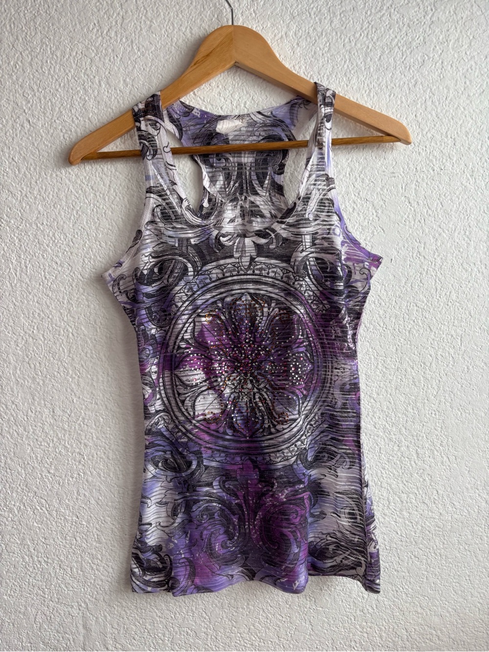 Y2K Purple Rhinestone Semi Sheer Racerback Tank Top Large Tattoo Alt
